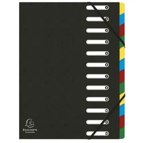 Trieur HARMONIKA&reg; &agrave; fen&ecirc;tres avec &eacute;lastiques v&eacute;ritable carte lustr&eacute;e 12 compartiments - Noir - EXACOMPTA 