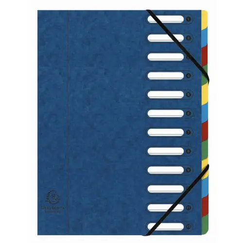 Trieur HARMONIKA&reg; &agrave; fen&ecirc;tres avec &eacute;lastiques v&eacute;ritable carte lustr&eacute;e 12 compartiments - Bleu - EXACOMPTA 