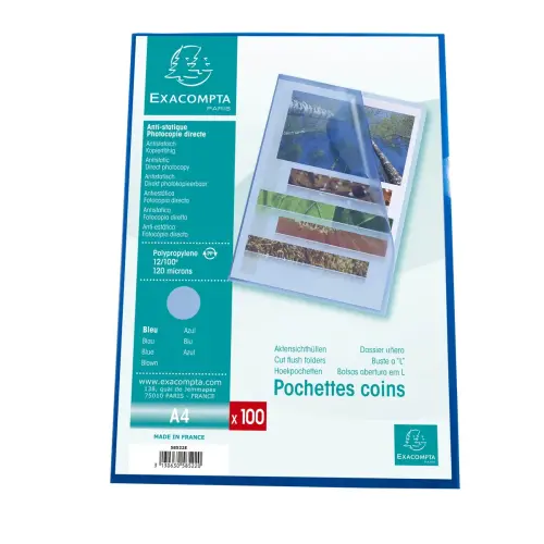 Sachet de 100 pochettes coin A4 en polypropyl&egrave;ne grain&eacute; standard - Bleu - Exacompta 