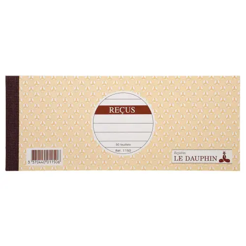 Carnet à souche « Reçus » - 8,9 x 21 cm - 50 feuillets - Le Dauphin