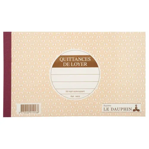Carnet de quittances de loyer autocopiant - 12,5 x 21 cm - 50 feuilles en triplicata - Le Dauphin 