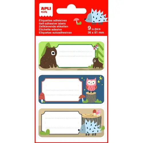 &Eacute;tiquettes scolaires animaux de la for&ecirc;t - 3 motifs - 9 unit&eacute;s - Apli 