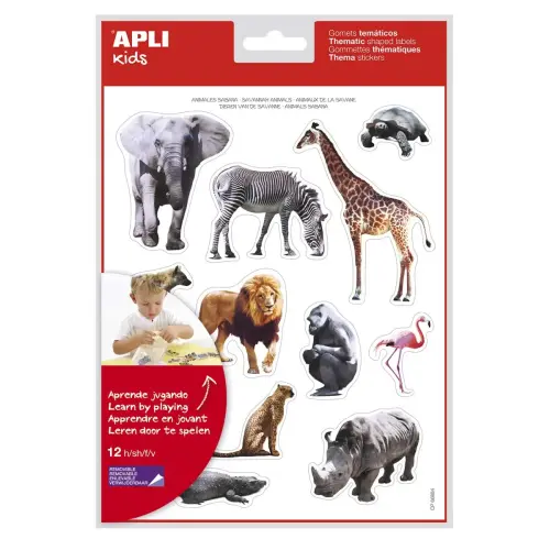 Gommettes thématiques réalistes Les animaux de la savane 12 feuilles - Apli