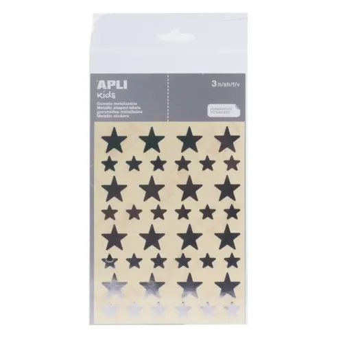 Gommettes &eacute;toiles 12,5 et 19,5 mm argent m&eacute;tallis&eacute; 3 feuilles - Apli 