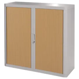 Armoire basse &agrave; rideaux Easyoffice - Gris et h&ecirc;tre - PAPERFLOW 
