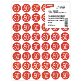 4 Planches de 48 &eacute;tiquettes - "-50%" - Rouge - APLI 