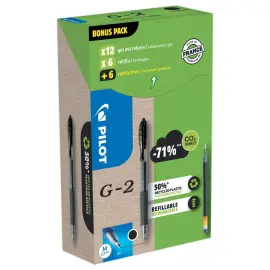 12 Stylos bille gel r&eacute;tractable G2 + 12 (dont 6 gratuites) recharges - Noir - PILOT 