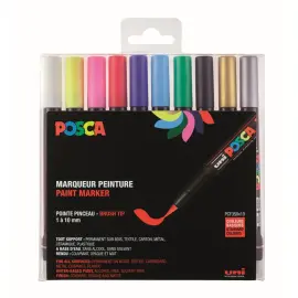 Marqueur peinture &agrave; base d'eau POSCA - inodore - pointe pinceau- coloris assortis - lot de 10 