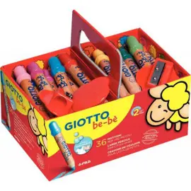 Crayon de couleur GIOTTO be-b&egrave; - mine 7mm - lavable &agrave; l'eau - coloris assortis - livr&eacute; avec 3 tailles-crayons - lot de 36 