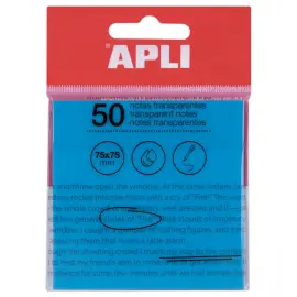 Paquet 50 feuilles de notes adh&eacute;sives transparentes 75x75 mm bleues 