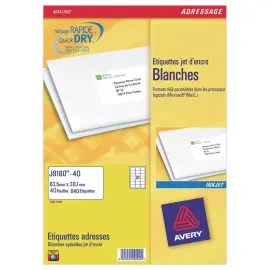 40 planches de 21 &eacute;tiquettes adresses pour imprimantes jet d'encre AVERY 63,5x38,1mm 