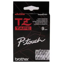 Ruban TZE 8m x 9 mm - BROTHER Tze 121 - texte noir / fond transparent 