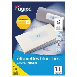 100 Planches d'&eacute;tiquettes A4 multi-usages soit 1600 &eacute;tiquettes blanches 