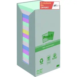 16 Blocs notes repositionnables recycl&eacute;es - 76x 76 mm - Couleurs assorties - Post-It 