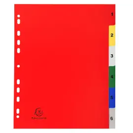Intercalaires imprim&eacute;s num&eacute;riques polypropyl&egrave;ne 12/100e - 6 positions - A4 Maxi - Assorties vives - Exacompta 