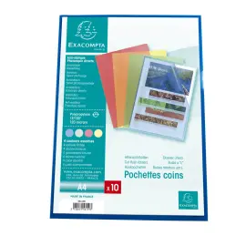 Sachet 10 pochettes coin polypropyl&egrave;ne grain&eacute; 12/100e - A4 - Couleurs assorties - Exacompta 