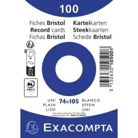 Paquet 100 fiches sous film - bristol uni non perfor&eacute; 74x105mm - Blanc - EXACOMPTA 