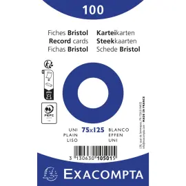 Paquet 100 fiches sous film - bristol uni non perfor&eacute; - 75x125mm - Blanc - EXACOMPTA 