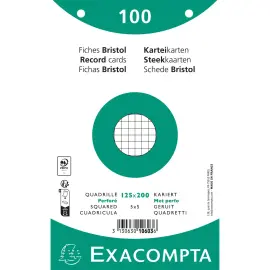 Paquet 100 fiches sous film - bristol quadrill&eacute; 5x5 perfor&eacute; 125x200mm - Blanc - EXACOMPTA 