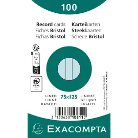 Paquet 100 fiches sous film - bristol lign&eacute; non perfor&eacute; 75x125mm - Azur - EXACOMPTA 