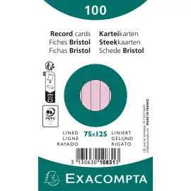 Paquet 100 fiches sous film - bristol lign&eacute; non perfor&eacute; 75x125mm - Rose - EXACOMPTA 