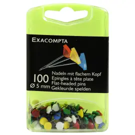 Bo&icirc;te de 100 &eacute;pingles &agrave; t&ecirc;te plate unie - Hauteur de pointe 8mm - 5mm de diam&egrave;tre - Couleurs assorties - EXACOMPTA 