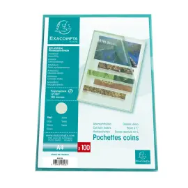 Sachet de 100 pochettes coin A4 en polypropyl&egrave;ne grain&eacute; standard - Vert - Exacompta 