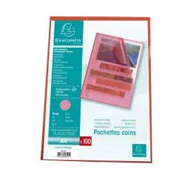 Sachet de 100 pochettes coin A4 en polypropyl&egrave;ne grain&eacute; standard - Rouge - Exacompta 