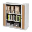 Armoire basse &agrave; rideaux Easyoffice - Gris et h&ecirc;tre - PAPERFLOW 