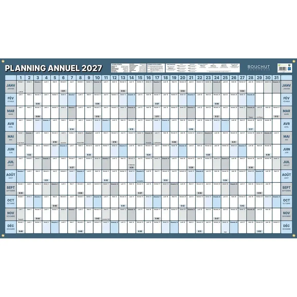 Planning annuel millésimé - 60x99 cm - Janvier à décembre - BOUCHUT GRANDREMY