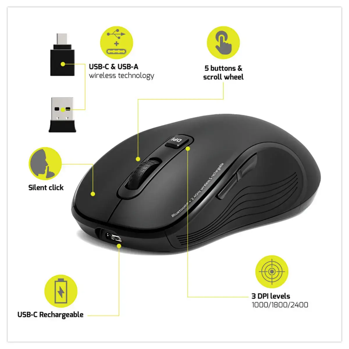 Souris ESSENTIEL sans fil Bluetooth rechargeable USB-C