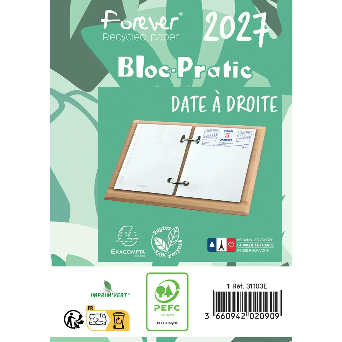 Bloc-&eacute;ph&eacute;m&eacute;ride recycl&eacute; date &agrave; droite - 8,2 x 12 cm - Janvier &agrave; d&eacute;cembre - EXACOMPTA 