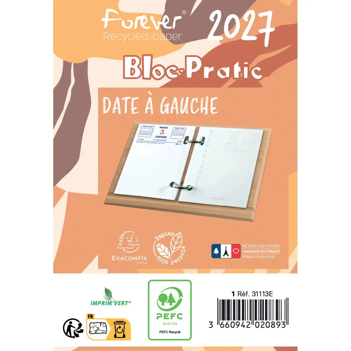 Bloc-éphéméride recyclé date à gauche - 8,2 x 12 cm - Janvier à décembre - EXACOMPTA