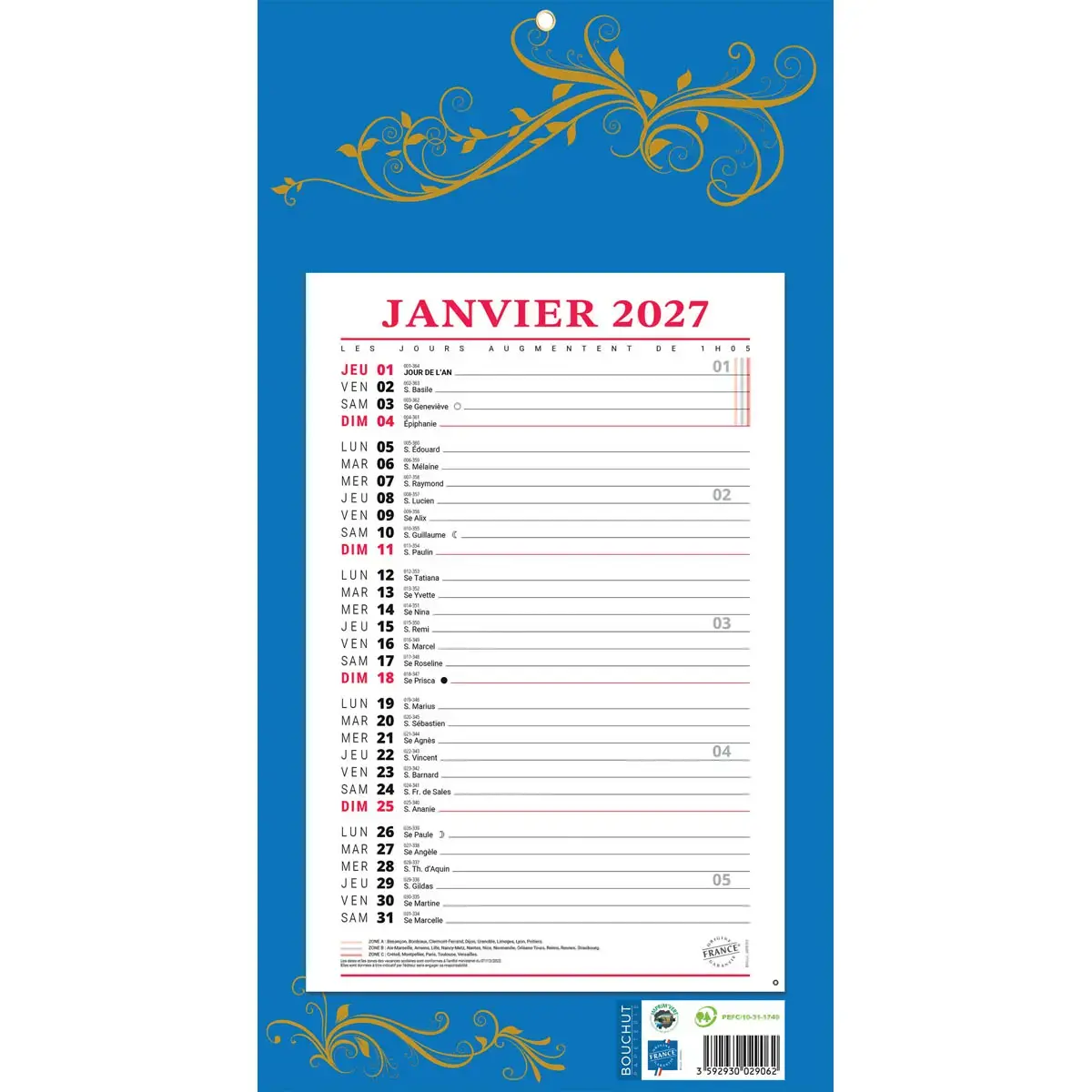 Calendrier mensuel à effeuiller - 19x36 cm - Janvier à décembre - BOUCHUT GRANDREMY