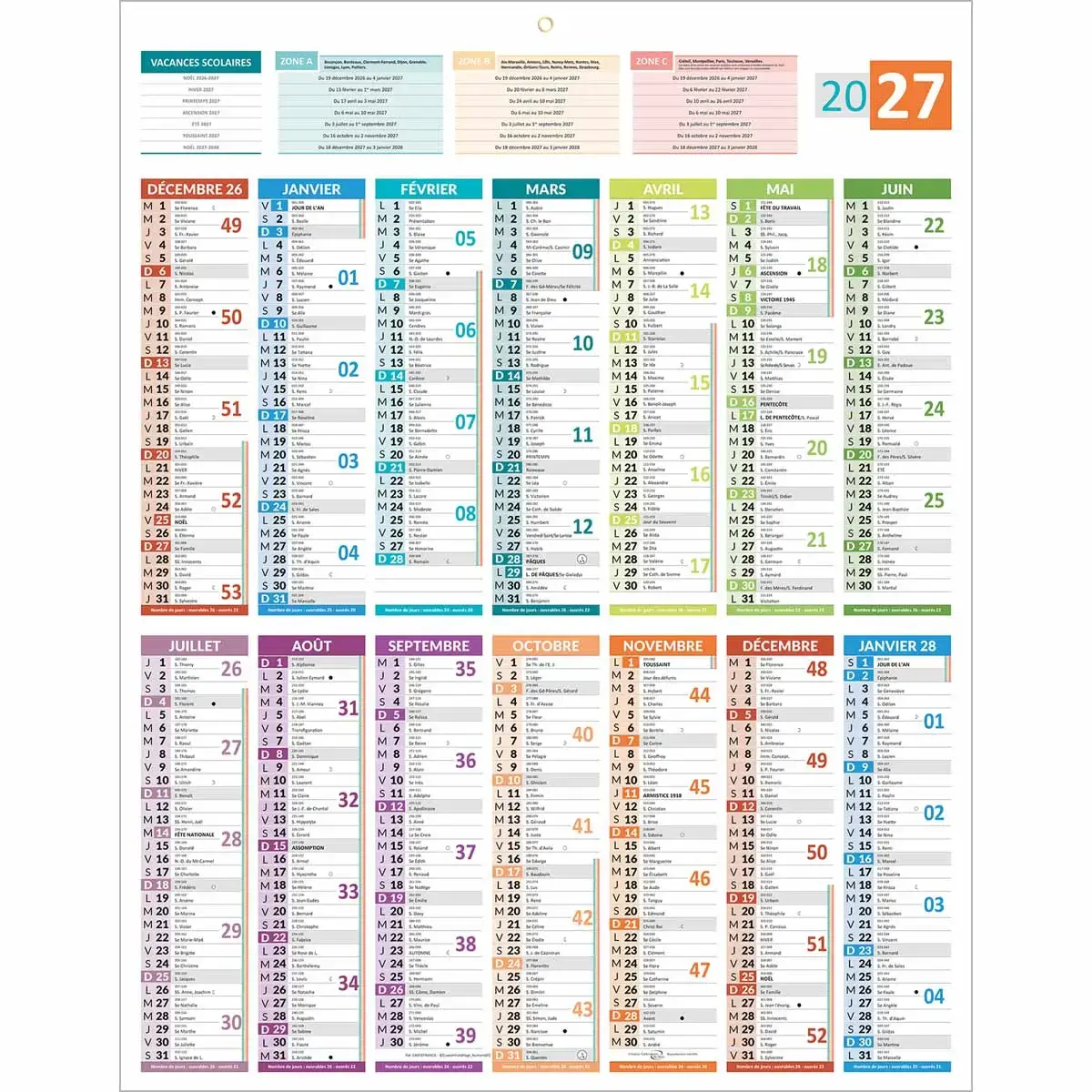 5 Calendriers banque  France 14 mois - 55x43 cm - Janvier &agrave; d&eacute;cembre - BOUCHUT GRANDREMY 
