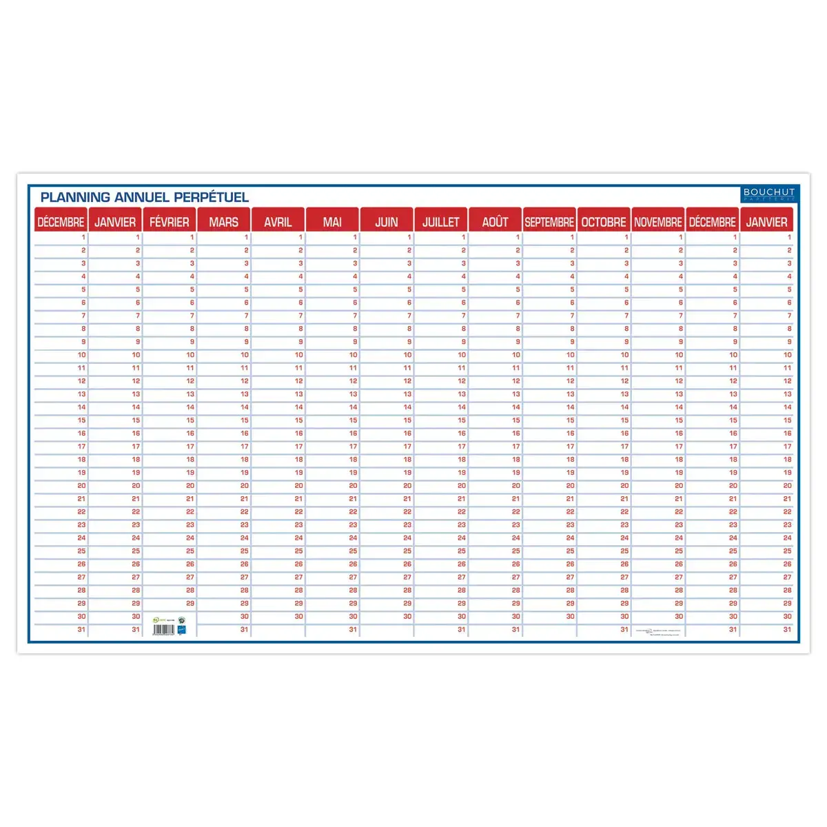 Planning annuel perpétuel - 60 x 99 cm - Décembre à janvier - BOUCHUT GRANDREMY