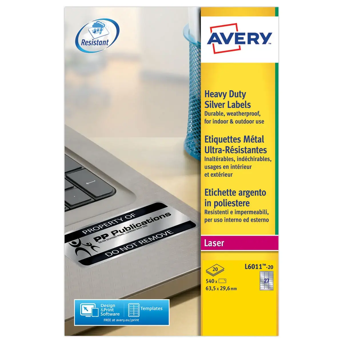 bo&icirc;te de 20 planches de 27 &eacute;tiquettes argent ultra r&eacute;sistantes AVERY 63,5x29,6mm 