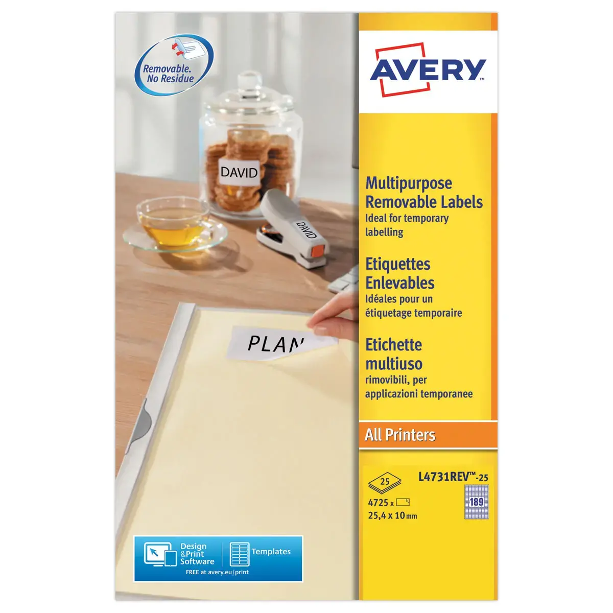 25 planches de 189 étiquettes blanches enlevables - 25,4x10mm - AVERY