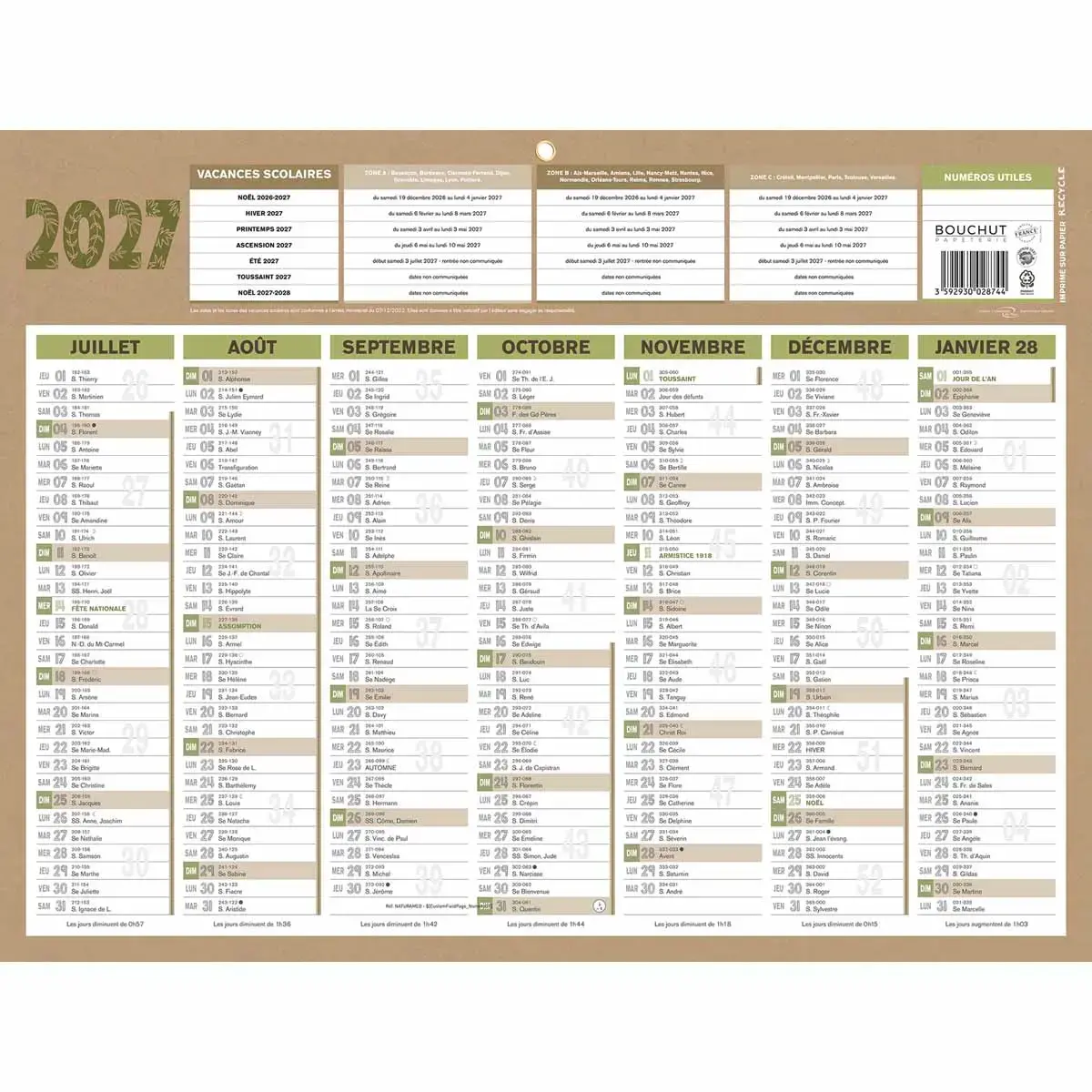 Calendrier banque Natura 14 mois - 42x32 cm - Janvier à décembre - BOUCHUT GRANDREMY