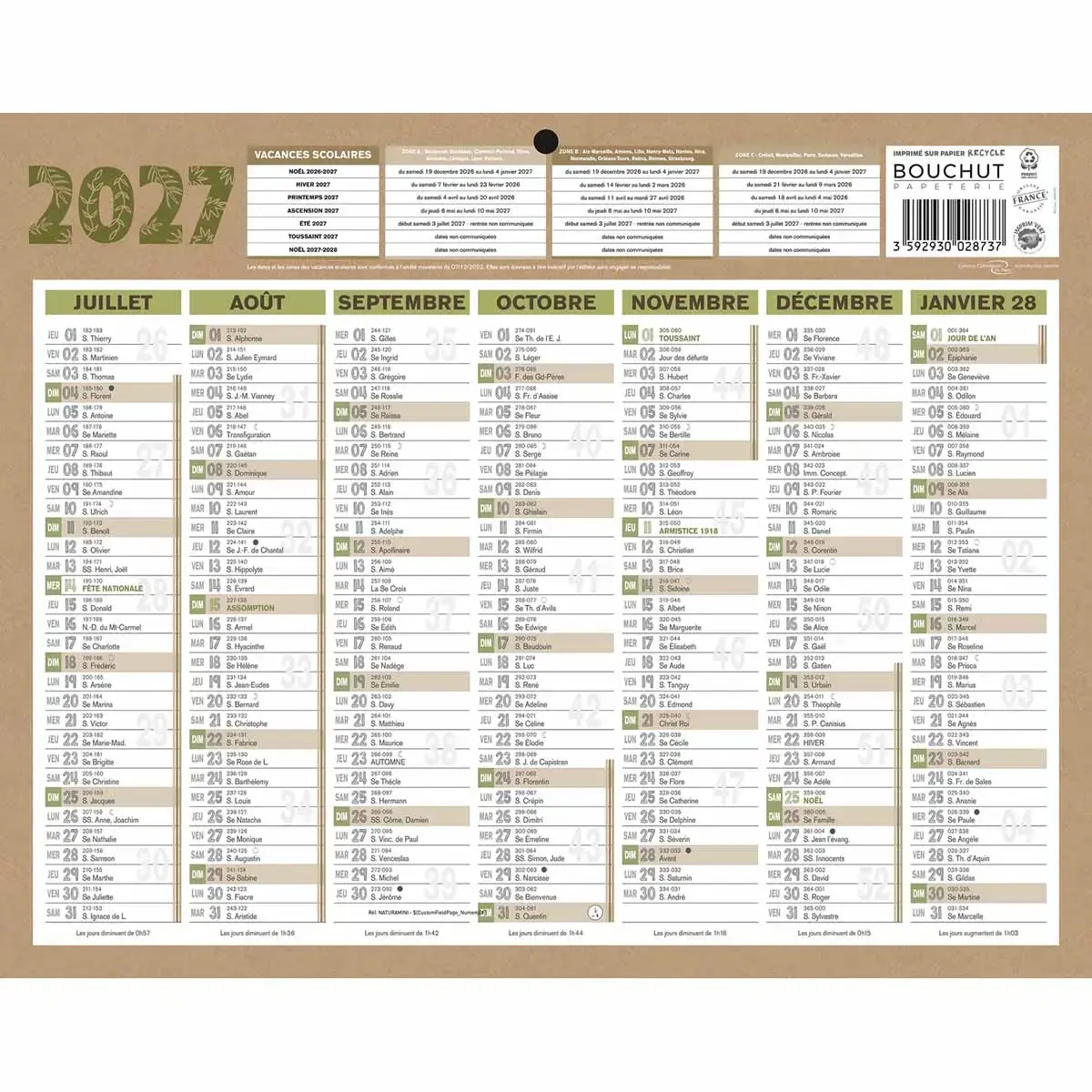 Calendrier banque 2027 Natura 12 mois - 26,5 x 21 cm - BOUCHUT GRANDREMY
