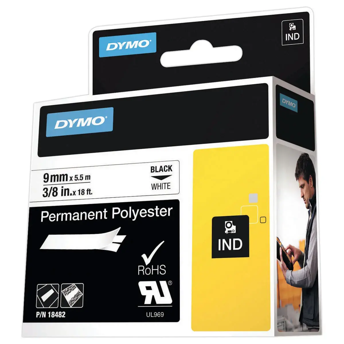 Ruban RHINO DYMO 18842 - 5,5 m x 9 mm - Texte noir sur fond blanc