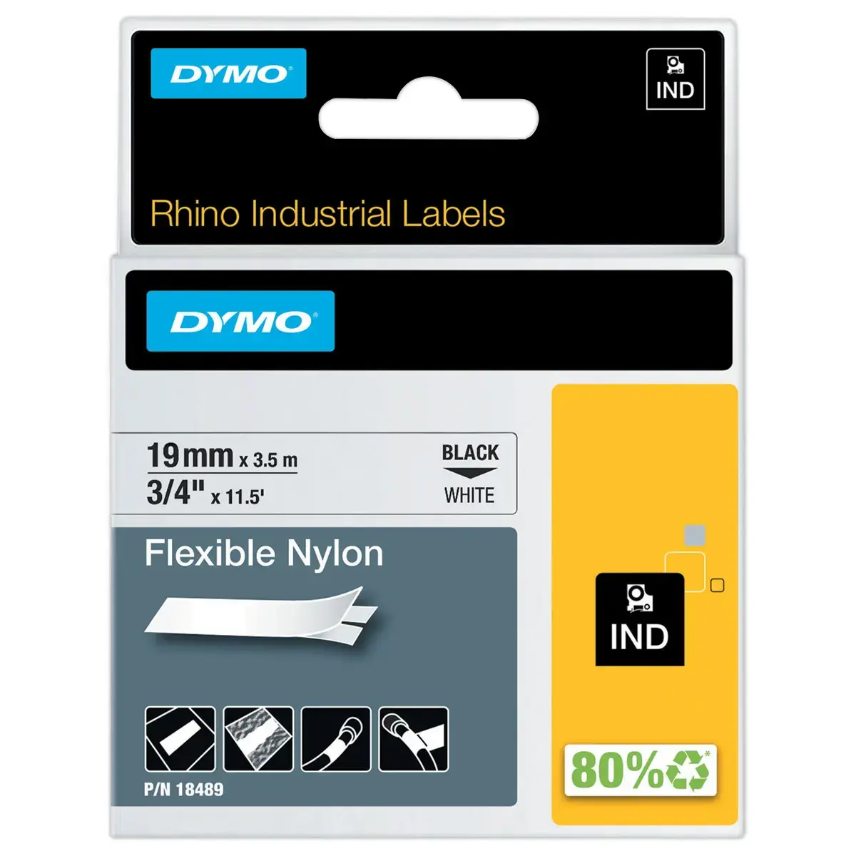 Ruban RHINO DYMO 18842 - 5,5 m x 9 mm - Texte noir sur fond blanc
