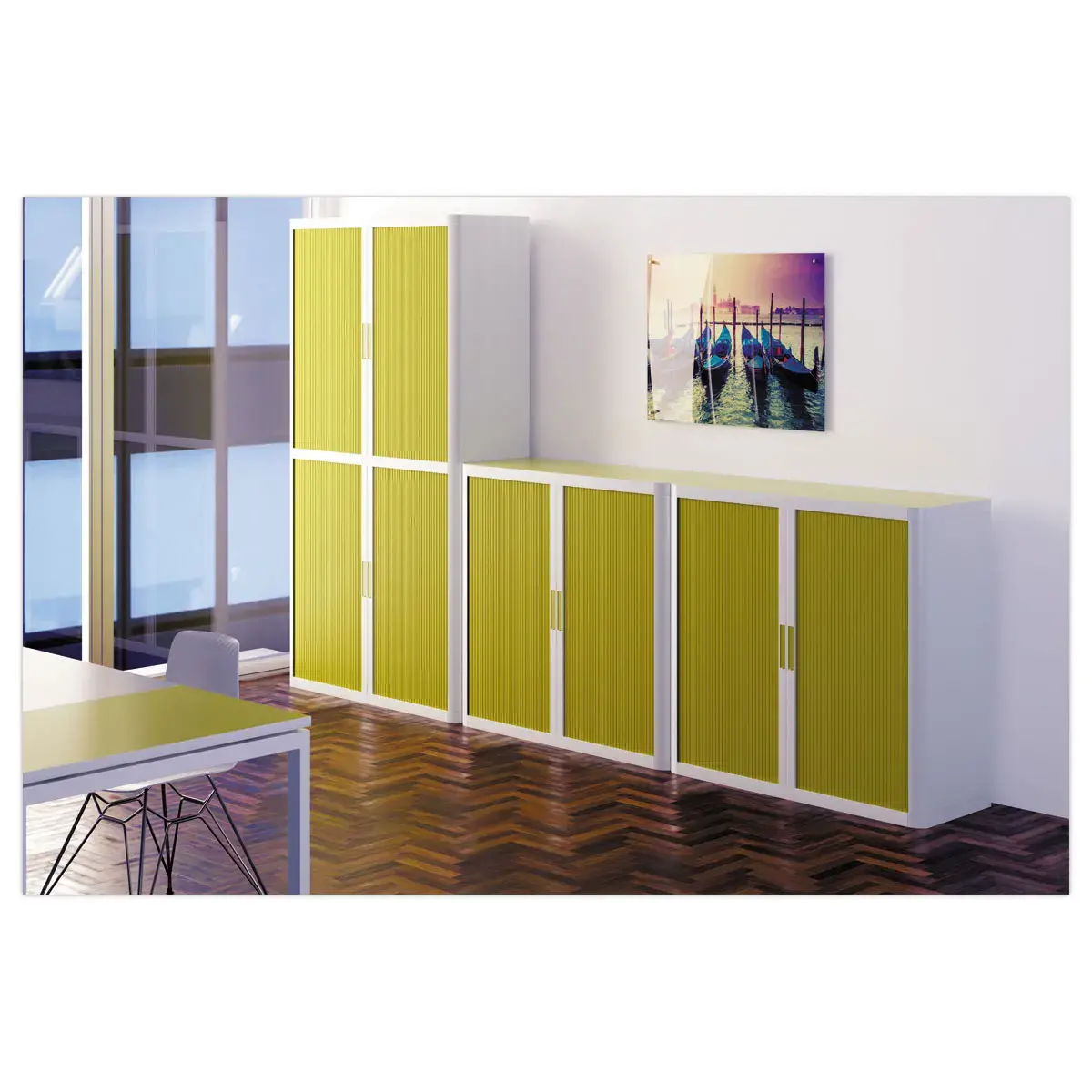 Armoire basse à rideaux Easyoffice - Blanc et vert anis - PAPERFLOW
