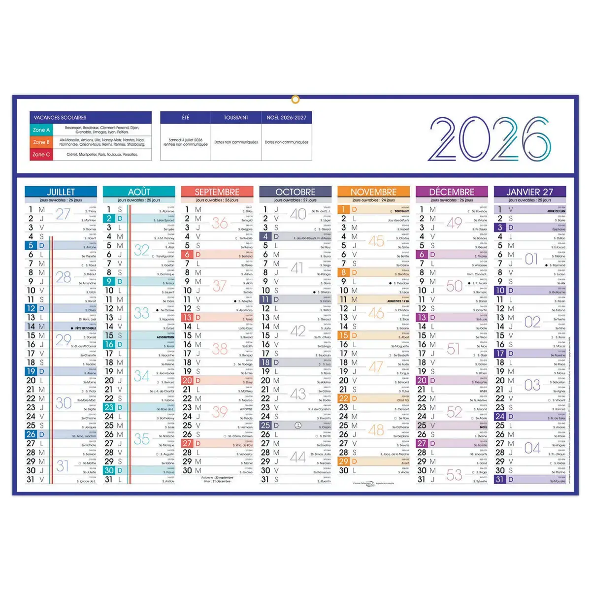 25 Calendriers de banque - 54 x 38,5 cm - 7 mois par face - Janvier &agrave; d&eacute;cembre 