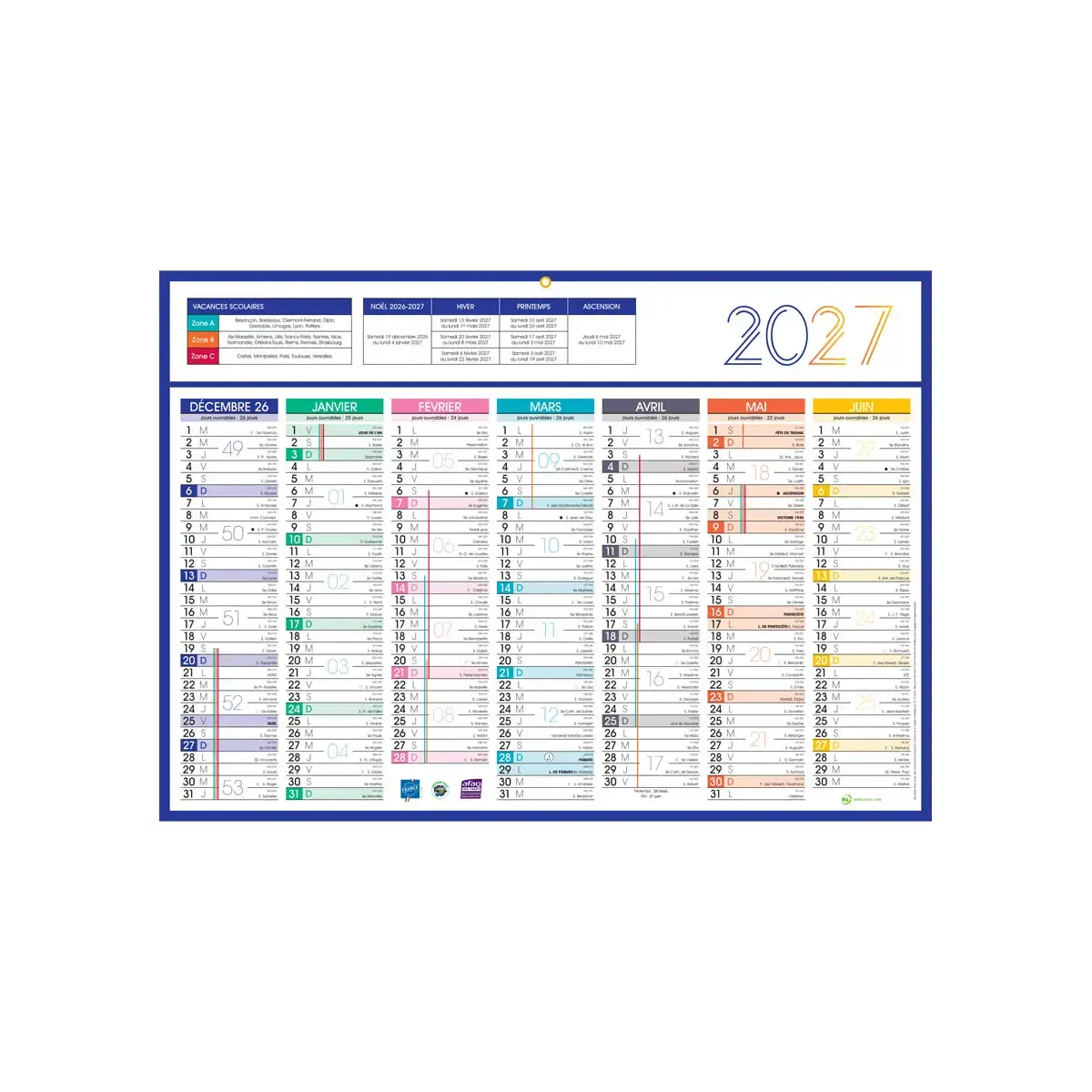 25 Calendriers de banque - 54 x 38,5 cm - 7 mois par face - Janvier &agrave; d&eacute;cembre 