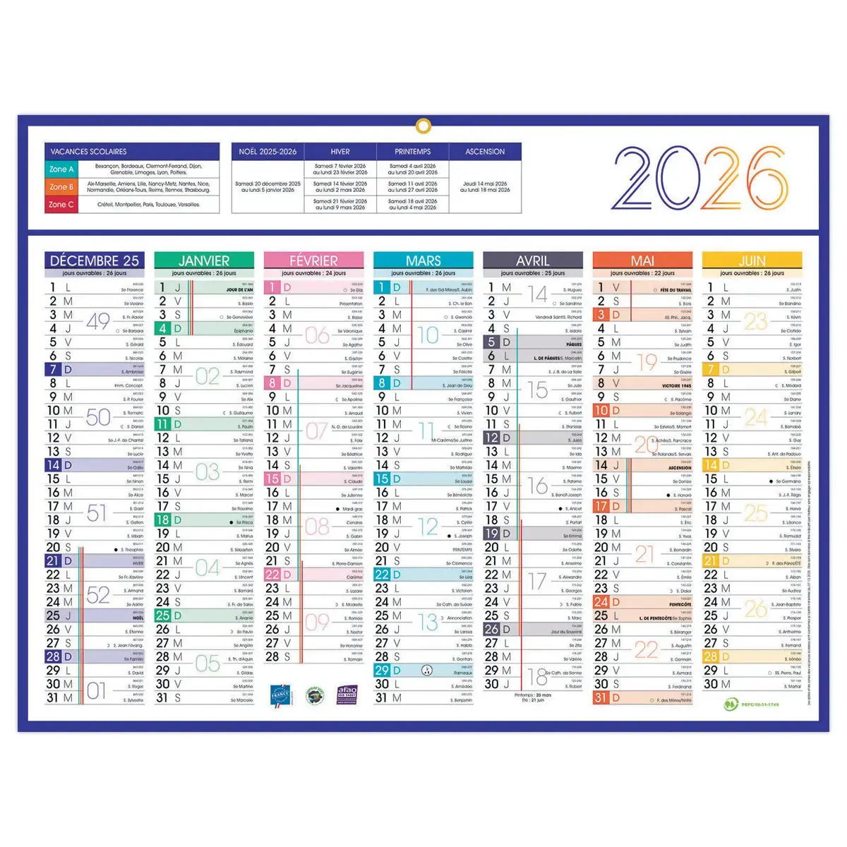 25 Calendriers banque Couleurs 14 mois - 42x32 cm - Janvier à décembre