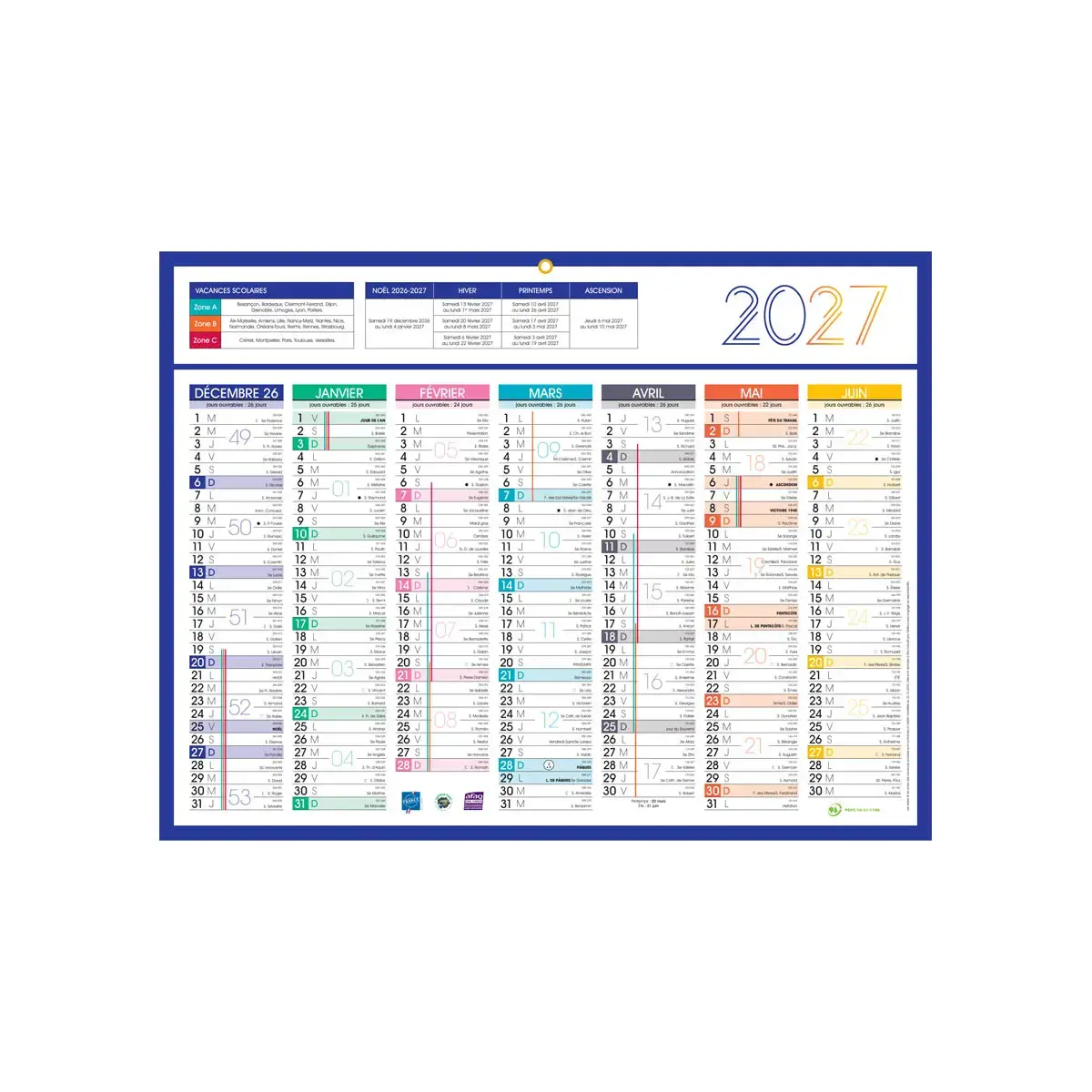 25 Calendriers banque Couleurs 14 mois - 42x32 cm - Janvier à décembre