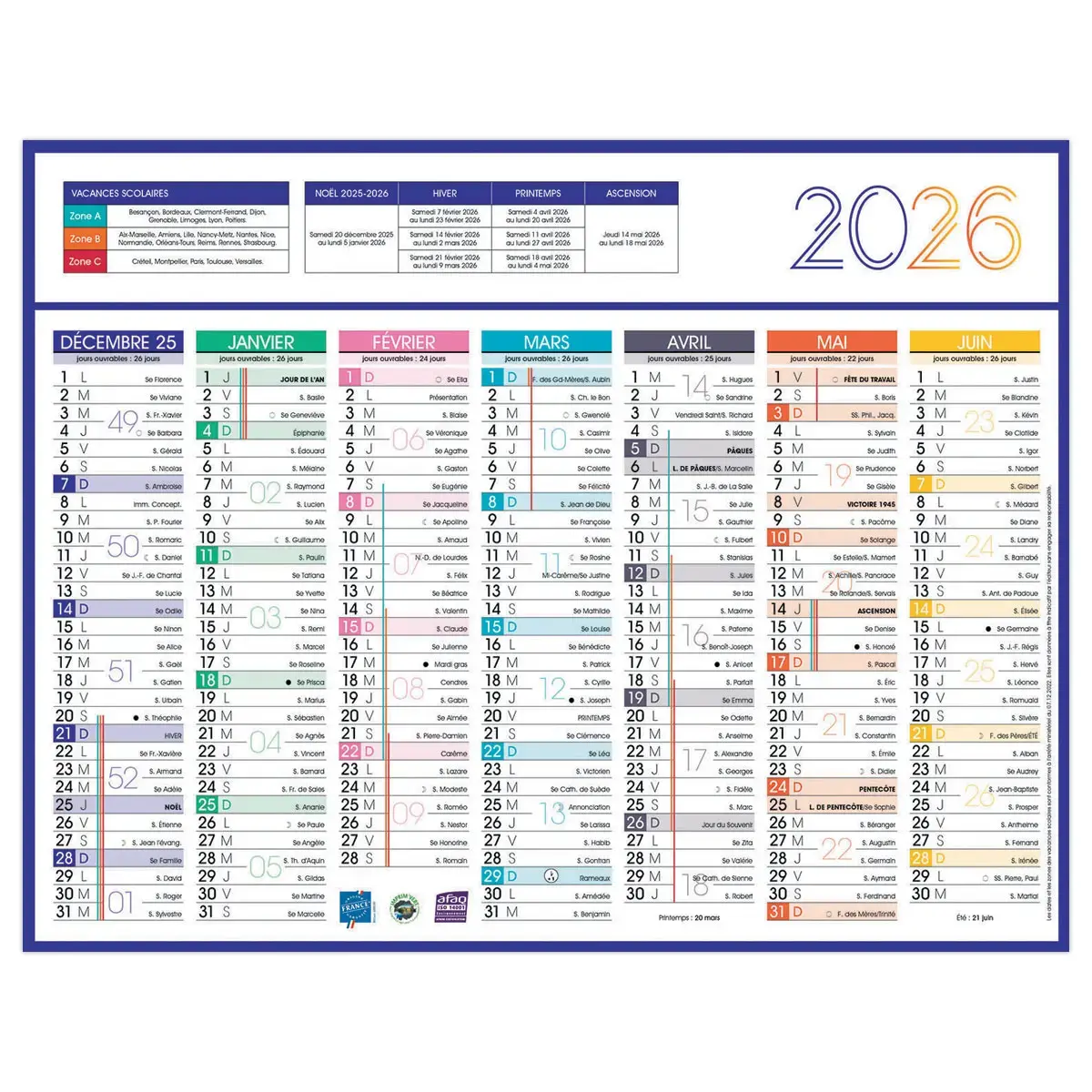 50 Calendriers de banque Couleurs 14 mois - 27x21cm - Janvier à décembre