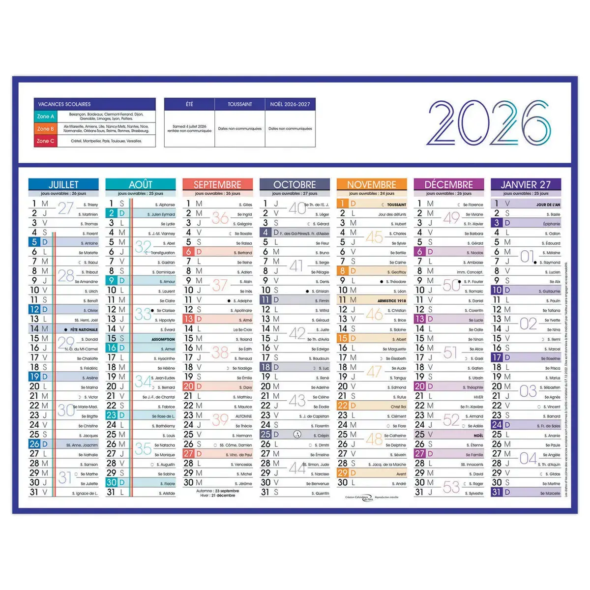 50 Calendriers de banque Couleurs 14 mois - 27x21cm - Janvier à décembre
