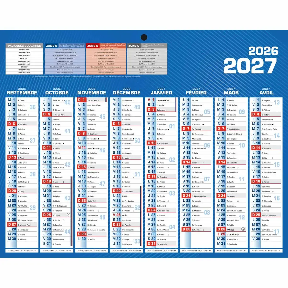 Calendrier banque - 26,5 x 21cm - Sept 2026 / D&eacute;c 2027 - BOUCHUT GRANDREMY 